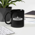 black glossy ceramic mug with 'EXPERIMENTAL' text and airplane design, perfect for aviation enthusiasts.