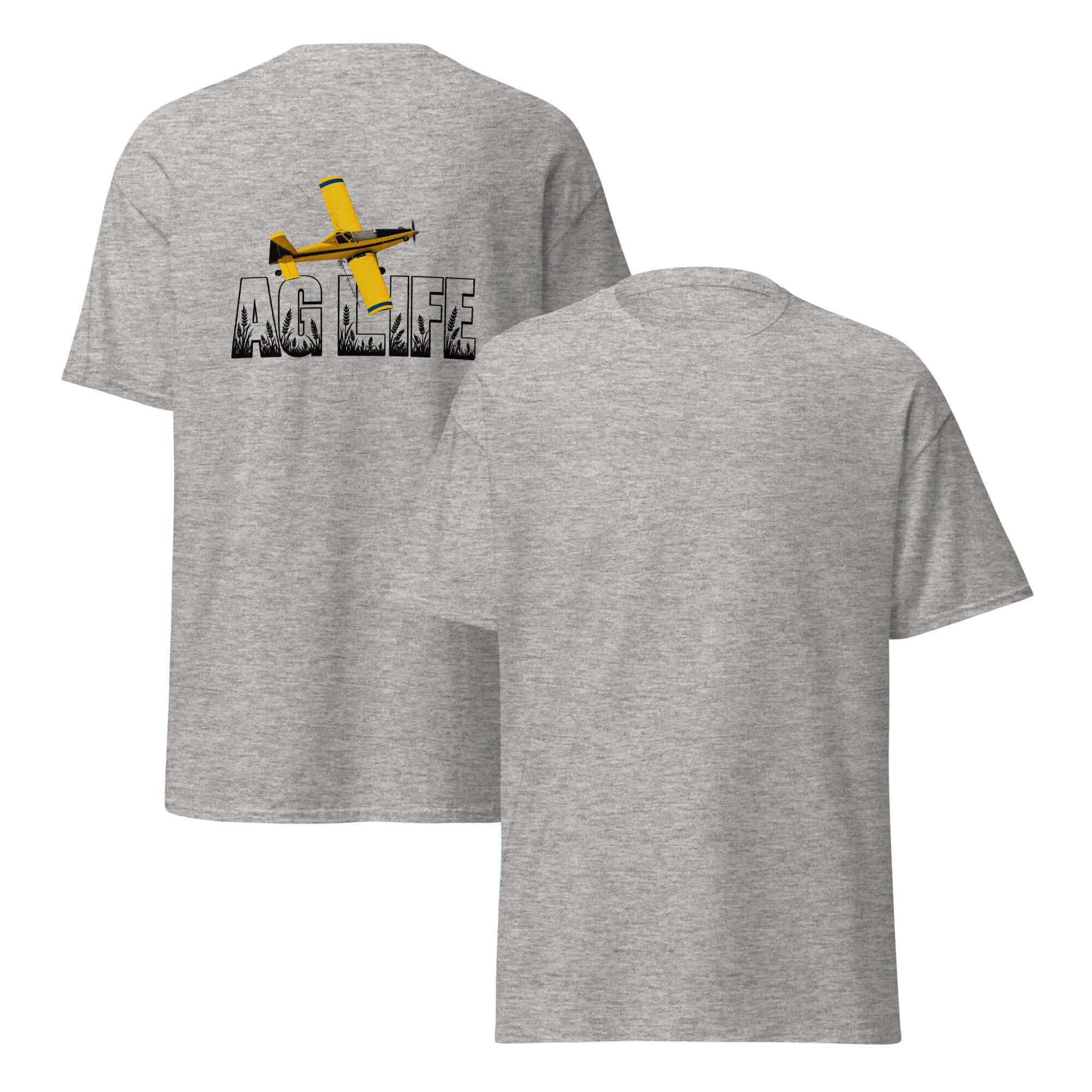 Unisex classic cotton tee featuring a yellow airplane design and bold "AG LIFE" text on the back.
