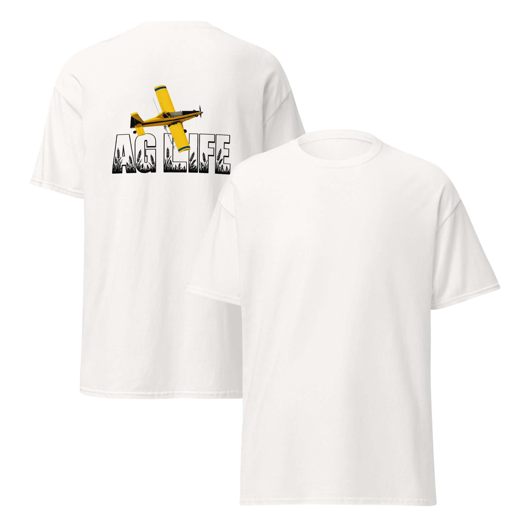 Unisex classic cotton tee featuring an airplane graphic and 'AG LIFE' text on the back, perfect for daily wear.
